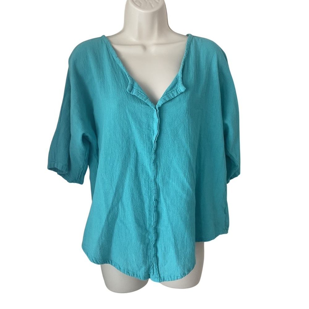 Oh My Gauze Tiny Top Cotton Teal Lagenlook Boxy Blouse USA Made‎ | Small/Medium